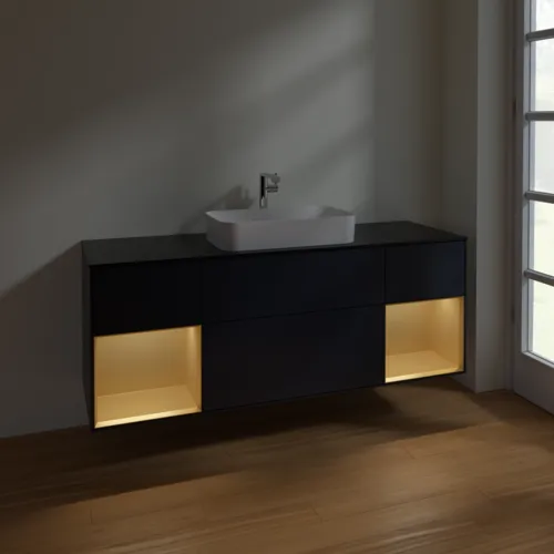 VILLEROY BOCH Toaletní skříňka Finion, s osvětlením, 4 výsuvy, 1600 x 603 x 501 mm, Midnight Blue Matt Lacquer / Gold Matt Lacquer / Glass Black Matt #F332HFHG, obrázek 5