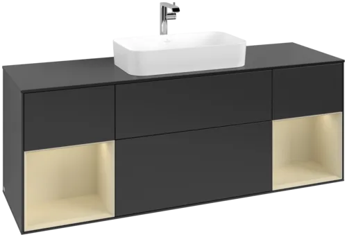 VILLEROY BOCH Toaletní skříňka Finion, s osvětlením, 4 výsuvy, 1600 x 603 x 501 mm, černý matný lak / hedvábně šedý matný lak / černé matné sklo #F332HJPD