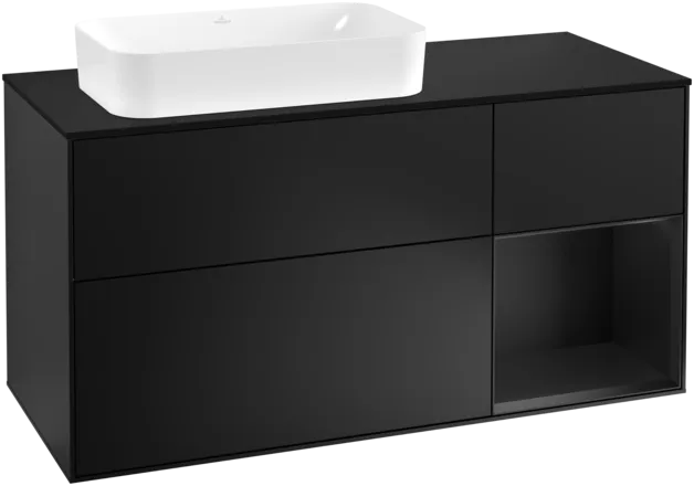 VILLEROY BOCH Toaletní skříňka Finion, s osvětlením, 3 výsuvy, 1200 x 603 x 501 mm, černý matný lak / černý matný lak / černé matné sklo #F282PDPD
