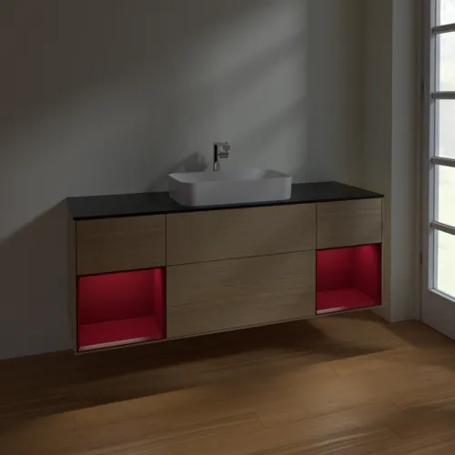 VILLEROY BOCH Toaletní skříňka Finion, s osvětlením, 4 výsuvy, 1600 x 603 x 501 mm, dubová dýha / matný lak Pivoňka / matné černé sklo #F332HBPC, obrázek 5