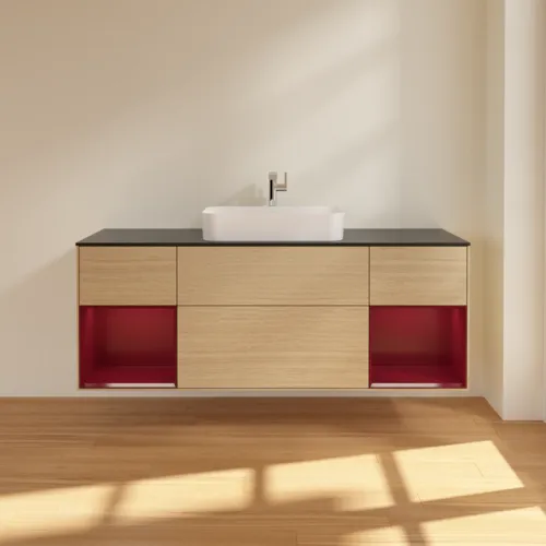VILLEROY BOCH Toaletní skříňka Finion, s osvětlením, 4 výsuvy, 1600 x 603 x 501 mm, dubová dýha / matný lak Pivoňka / matné černé sklo #F332HBPC, obrázek 3