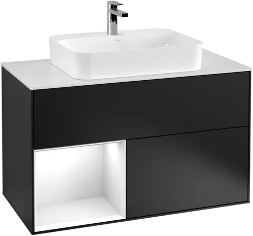 VILLEROY BOCH Toaletní skříňka Finion, s osvětlením, 2 výsuvy, 1000 x 603 x 501 mm, černý matný lak / bílý lesklý lak / bílé matné sklo #F361GFPD