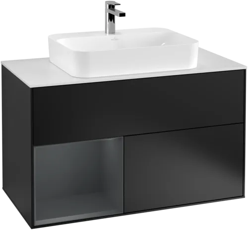 VILLEROY BOCH Toaletní skříňka Finion, s osvětlením, 2 výsuvy, 1000 x 603 x 501 mm, černý matný lak / půlnoční modrý matný lak / bílé matné sklo #F361HGPD