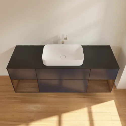 VILLEROY BOCH Toaletní skříňka Finion, s osvětlením, 4 výsuvy, 1600 x 603 x 501 mm, půlnočně modrý matný lak / ořechová dýha / černé matné sklo #F332GNHG, obrázek 4
