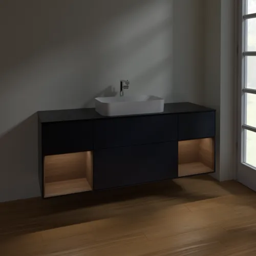 VILLEROY BOCH Toaletní skříňka Finion, s osvětlením, 4 výsuvy, 1600 x 603 x 501 mm, půlnočně modrý matný lak / ořechová dýha / černé matné sklo #F332GNHG, obrázek 5