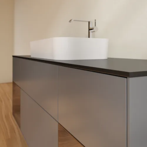 VILLEROY BOCH Toaletní skříňka Finion, s osvětlením, 4 výsuvy, 1600 x 603 x 501 mm, antracitový matný lak / ořechová dýha / černé matné sklo #F332GNGK, obrázek 6