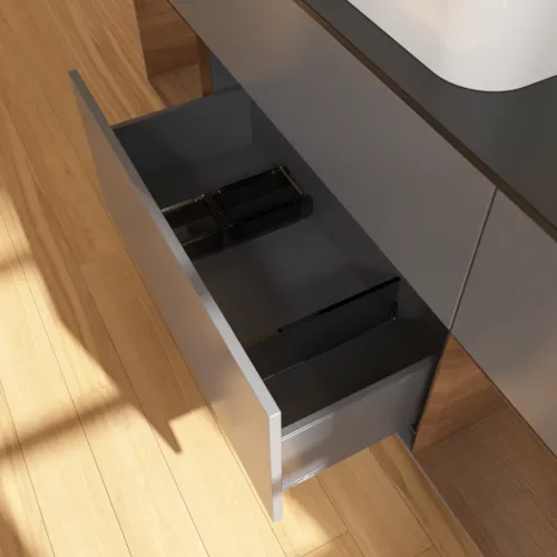 VILLEROY BOCH Toaletní skříňka Finion, s osvětlením, 4 výsuvy, 1600 x 603 x 501 mm, antracitový matný lak / ořechová dýha / černé matné sklo #F332GNGK, obrázek 7