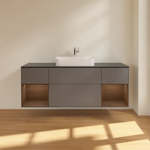 VILLEROY BOCH Toaletní skříňka Finion, s osvětlením, 4 výsuvy, 1600 x 603 x 501 mm, antracitový matný lak / ořechová dýha / černé matné sklo #F332GNGK, obrázek 3