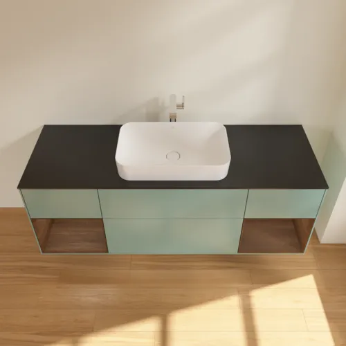 VILLEROY BOCH Toaletní skříňka Finion, s osvětlením, 4 výsuvy, 1600 x 603 x 501 mm, olivový matný lak / ořechová dýha / černé matné sklo #F332GNGM, obrázek 4