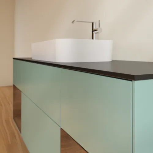 VILLEROY BOCH Toaletní skříňka Finion, s osvětlením, 4 výsuvy, 1600 x 603 x 501 mm, olivový matný lak / ořechová dýha / černé matné sklo #F332GNGM, obrázek 6