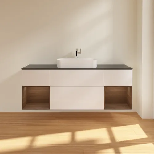 VILLEROY BOCH Toaletní skříňka Finion, s osvětlením, 4 výsuvy, 1600 x 603 x 501 mm, lesklý bílý lak / ořechová dýha / černé matné sklo #F332GNGF, obrázek 3