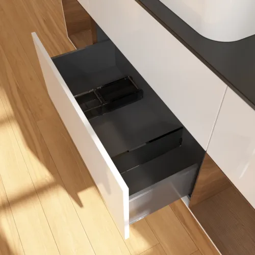 VILLEROY BOCH Toaletní skříňka Finion, s osvětlením, 4 výsuvy, 1600 x 603 x 501 mm, lesklý bílý lak / ořechová dýha / černé matné sklo #F332GNGF, obrázek 7