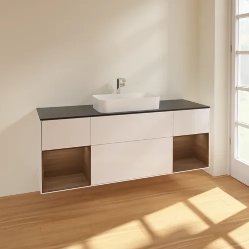 VILLEROY BOCH Toaletní skříňka Finion, s osvětlením, 4 výsuvy, 1600 x 603 x 501 mm, lesklý bílý lak / ořechová dýha / černé matné sklo #F332GNGF, obrázek 2