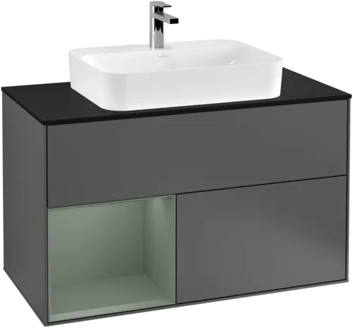 VILLEROY BOCH Toaletní skříňka Finion, s osvětlením, 2 výsuvy, 1000 x 603 x 501 mm, antracitový matný lak / olivový matný lak / černé matné sklo #F362GMGK