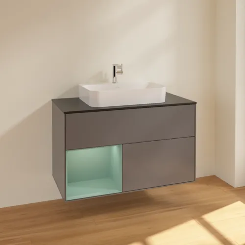 VILLEROY BOCH Toaletní skříňka Finion, s osvětlením, 2 výsuvy, 1000 x 603 x 501 mm, antracitový matný lak / olivový matný lak / černé matné sklo #F362GMGK, obrázek 2