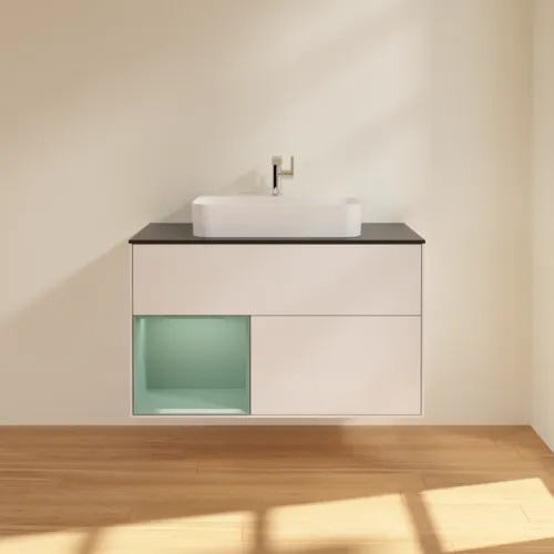VILLEROY BOCH Toaletní skříňka Finion, s osvětlením, 2 výsuvy, 1000 x 603 x 501 mm, lesklý bílý lak / olivově matný lak / černé matné sklo #F362GMGF, obrázek 3