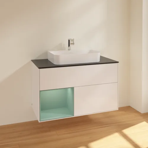 VILLEROY BOCH Toaletní skříňka Finion, s osvětlením, 2 výsuvy, 1000 x 603 x 501 mm, lesklý bílý lak / olivově matný lak / černé matné sklo #F362GMGF, obrázek 2