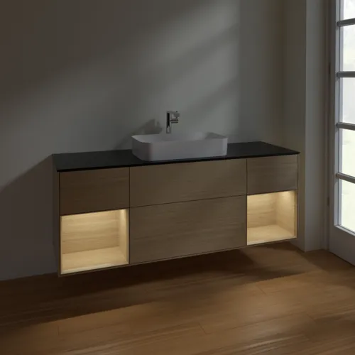 VILLEROY BOCH Toaletní stolek Finion, s osvětlením, 4 výsuvy, 1600 x 603 x 501 mm, dubová dýha / dubová dýha / sklo černé matné #F332PCPC, obrázek 5