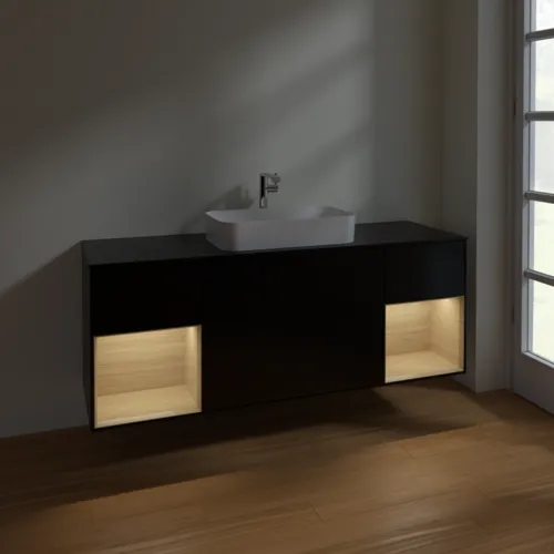 VILLEROY BOCH Toaletní skříňka Finion, s osvětlením, 4 výsuvy, 1600 x 603 x 501 mm, černý matný lak / dubová dýha / černé matné sklo #F332PCPD, obrázek 5