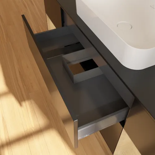 VILLEROY BOCH Toaletní skříňka Finion, s osvětlením, 4 výsuvy, 1600 x 603 x 501 mm, černý matný lak / dubová dýha / černé matné sklo #F332PCPD, obrázek 8