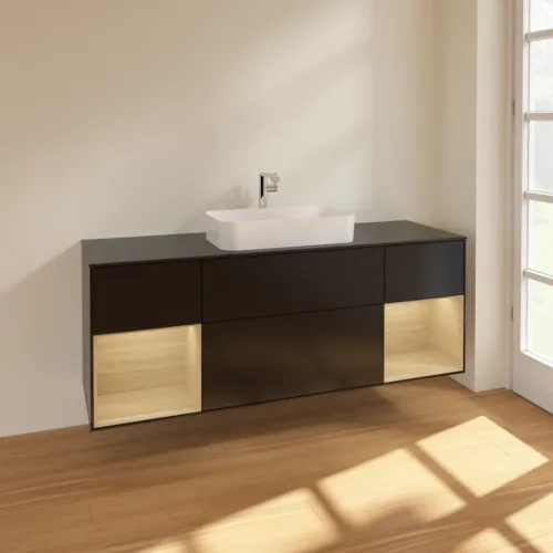 VILLEROY BOCH Toaletní skříňka Finion, s osvětlením, 4 výsuvy, 1600 x 603 x 501 mm, černý matný lak / dubová dýha / černé matné sklo #F332PCPD, obrázek 2