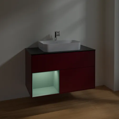 VILLEROY BOCH Toaletní skříňka Finion, s osvětlením, 2 výsuvy, 1000 x 603 x 501 mm, Pivoňka matný lak / Olivový matný lak / Sklo černé matné #F362GMHB, obrázek 5