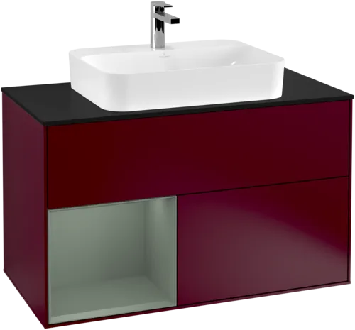 VILLEROY BOCH Toaletní skříňka Finion, s osvětlením, 2 výsuvy, 1000 x 603 x 501 mm, Pivoňka matný lak / Olivový matný lak / Sklo černé matné #F362GMHB