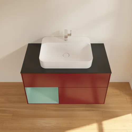 VILLEROY BOCH Toaletní skříňka Finion, s osvětlením, 2 výsuvy, 1000 x 603 x 501 mm, Pivoňka matný lak / Olivový matný lak / Sklo černé matné #F362GMHB, obrázek 4