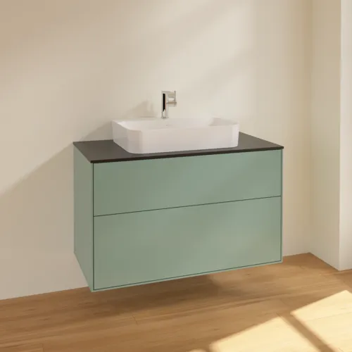 VILLEROY BOCH Toaletní skříňka Finion, 2 výsuvy, 1000 x 603 x 501 mm, olivově matný lak / sklo černé matné #F35200GM, obrázek 2