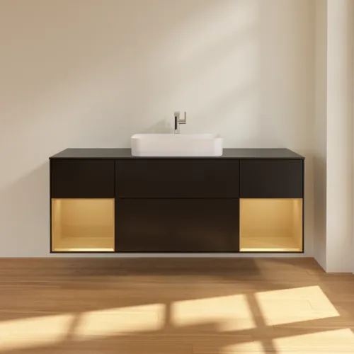 VILLEROY BOCH Toaletní skříňka Finion, s osvětlením, 4 výsuvy, 1600 x 603 x 501 mm, černý matný lak / zlatý matný lak / černé matné sklo #F332HFPD, obrázek 3