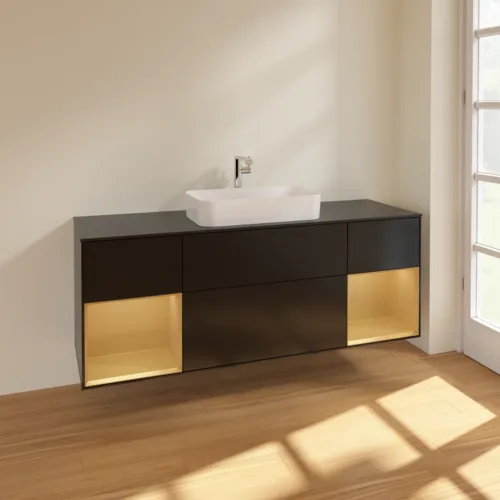 VILLEROY BOCH Toaletní skříňka Finion, s osvětlením, 4 výsuvy, 1600 x 603 x 501 mm, černý matný lak / zlatý matný lak / černé matné sklo #F332HFPD, obrázek 2
