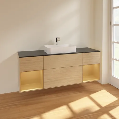 VILLEROY BOCH Toaletní skříňka Finion, s osvětlením, 4 výsuvy, 1600 x 603 x 501 mm, dubová dýha / zlatý matný lak / černé matné sklo #F332HFPC, obrázek 2