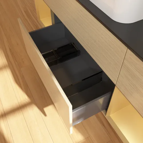 VILLEROY BOCH Toaletní skříňka Finion, s osvětlením, 4 výsuvy, 1600 x 603 x 501 mm, dubová dýha / zlatý matný lak / černé matné sklo #F332HFPC, obrázek 7