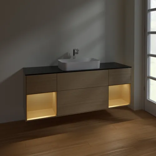 VILLEROY BOCH Toaletní skříňka Finion, s osvětlením, 4 výsuvy, 1600 x 603 x 501 mm, dubová dýha / zlatý matný lak / černé matné sklo #F332HFPC, obrázek 5