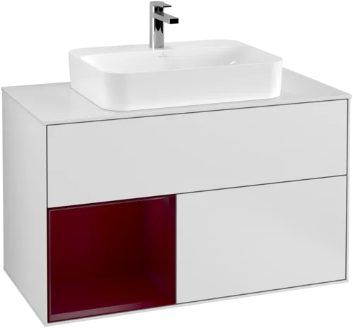 VILLEROY BOCH Toaletní skříňka Finion, s osvětlením, 2 výsuvy, 1000 x 603 x 501 mm, bílý matný lak / pivoňkový matný lak / bílé matné sklo #F361HBMT, obrázek 1