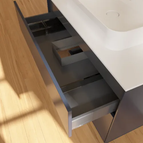 VILLEROY BOCH Toaletní skříňka Finion, s osvětlením, 2 výsuvy, 1000 x 603 x 501 mm, půlnočně modrý matný lak / ořechová dýha / bílé matné sklo #F361GNHG, obrázek 8
