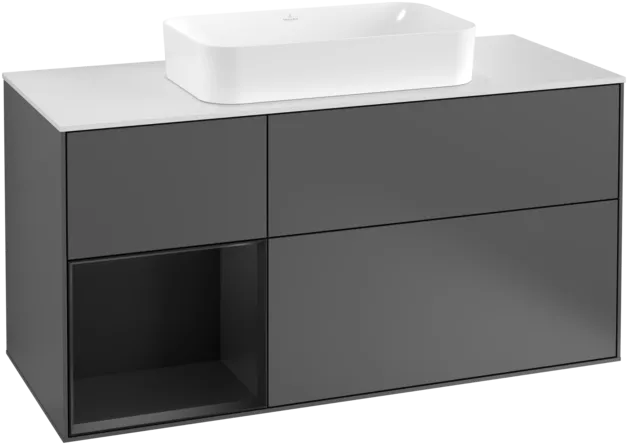 VILLEROY BOCH Toaletní skříňka Finion, s osvětlením, 3 výsuvy, 1200 x 603 x 501 mm, antracitový matný lak / černý matný lak / bílé matné sklo #F291PDGK