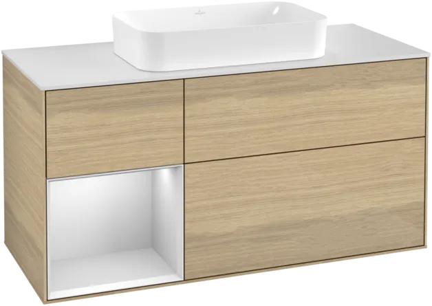 VILLEROY BOCH Toaletní skříňka Finion, s osvětlením, 3 výsuvy, 1200 x 603 x 501 mm, dubová dýha / bílý matný lak / bílé matné sklo #F291MTPC