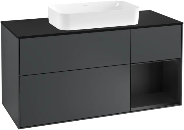VILLEROY BOCH Toaletní skříňka Finion, s osvětlením, 3 výsuvy, 1200 x 603 x 501 mm, Midnight Blue Matt Lacquer / Black Matt Lacquer / Glass Black Matt #F302PDHG