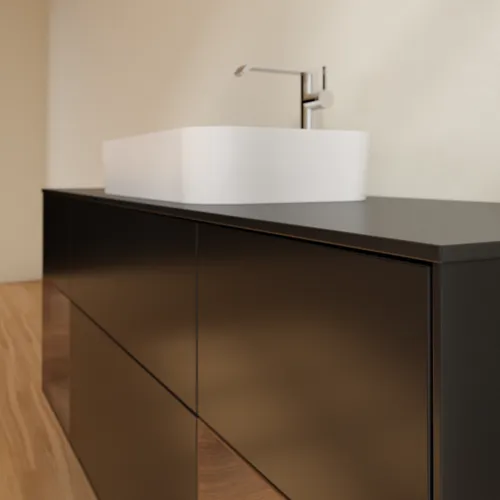VILLEROY BOCH Toaletní skříňka Finion, s osvětlením, 4 výsuvy, 1600 x 603 x 501 mm, černý matný lak / ořechová dýha / černé matné sklo #F332GNPD, obrázek 6