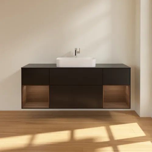 VILLEROY BOCH Toaletní skříňka Finion, s osvětlením, 4 výsuvy, 1600 x 603 x 501 mm, černý matný lak / ořechová dýha / černé matné sklo #F332GNPD, obrázek 3