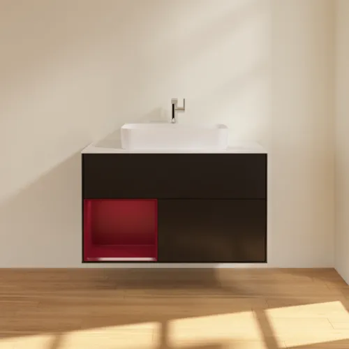 VILLEROY BOCH Toaletní skříňka Finion, s osvětlením, 2 výsuvy, 1000 x 603 x 501 mm, černý matný lak / pivoňkový matný lak / bílé matné sklo #F361HBPD, obrázek 3
