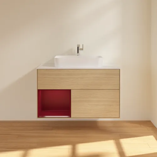 VILLEROY BOCH Toaletní stolek Finion, s osvětlením, 2 výsuvy, 1000 x 603 x 501 mm, dubová dýha / matný lak Pivoňka / matné bílé sklo #F361HBPC, obrázek 3