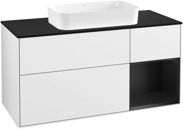 VILLEROY BOCH Toaletní skříňka Finion, s osvětlením, 3 výsuvy, 1200 x 603 x 501 mm, lesklý bílý lak / černý matný lak / černé matné sklo #F302PDGF