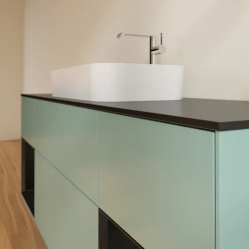 VILLEROY BOCH Toaletní skříňka Finion, s osvětlením, 4 výsuvy, 1600 x 603 x 501 mm, olivový matný lak / černý matný lak / černé matné sklo #F332PDGM, obrázek 6