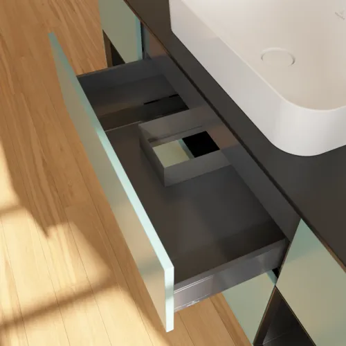 VILLEROY BOCH Toaletní skříňka Finion, s osvětlením, 4 výsuvy, 1600 x 603 x 501 mm, olivový matný lak / černý matný lak / černé matné sklo #F332PDGM, obrázek 8