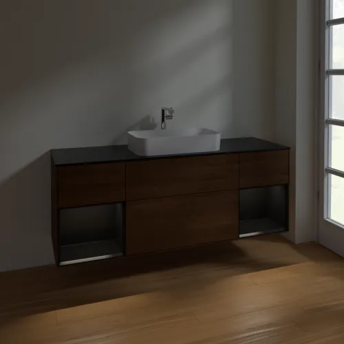 VILLEROY BOCH Toaletní skříňka Finion, s osvětlením, 4 výsuvy, 1600 x 603 x 501 mm, ořechová dýha / černý matný lak / černé matné sklo #F332PDGN, obrázek 5