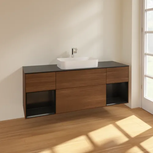VILLEROY BOCH Toaletní skříňka Finion, s osvětlením, 4 výsuvy, 1600 x 603 x 501 mm, ořechová dýha / černý matný lak / černé matné sklo #F332PDGN, obrázek 2