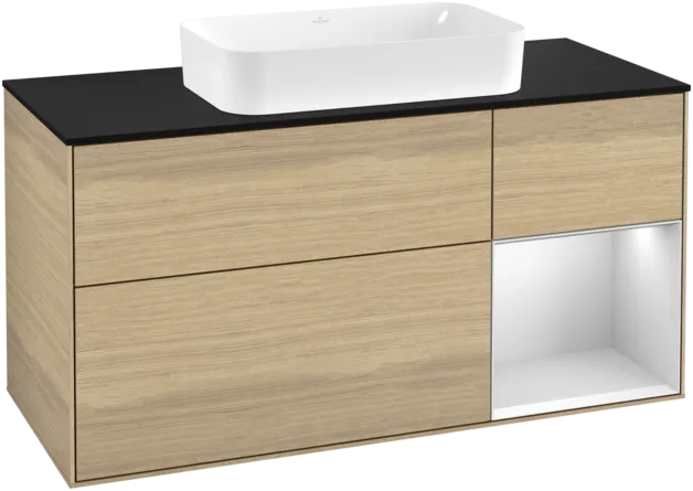 VILLEROY BOCH Toaletní skříňka Finion, s osvětlením, 3 výsuvy, 1200 x 603 x 501 mm, dubová dýha / bílý matný lak / černé matné sklo #F302MTPC