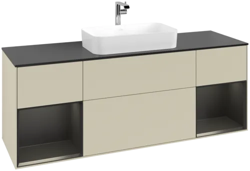 VILLEROY BOCH Toaletní skříňka Finion, s osvětlením, 4 výsuvy, 1600 x 603 x 501 mm, hedvábně šedý matný lak / černý matný lak / černé matné sklo #F332PDHJ